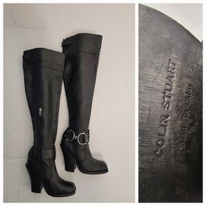 Colin Stuart Over The Knee Heel Boots 6B Leather Square Toe Silver Buckle Tall